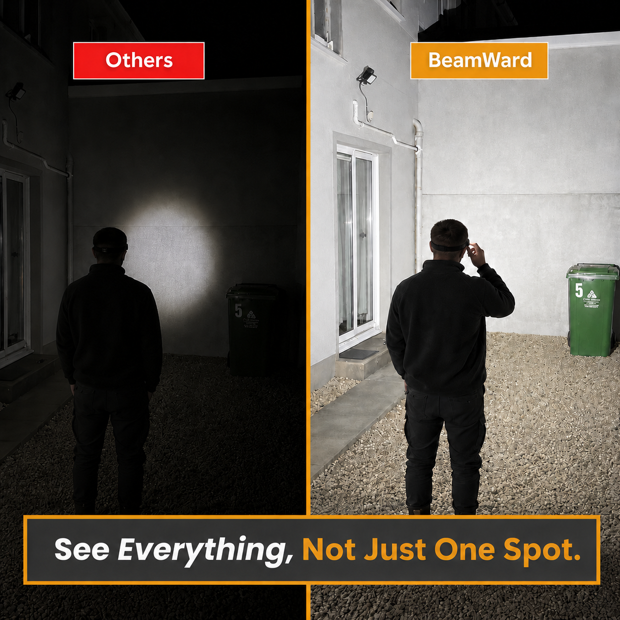 Narrow headlamp beam vs BeamWard 230 degree wide beam comparison in the dark