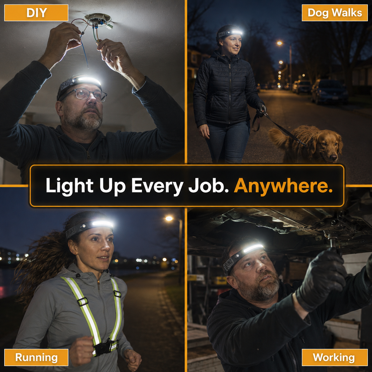 BeamWard headlamp lighting a whole work area hands-free, not one spot