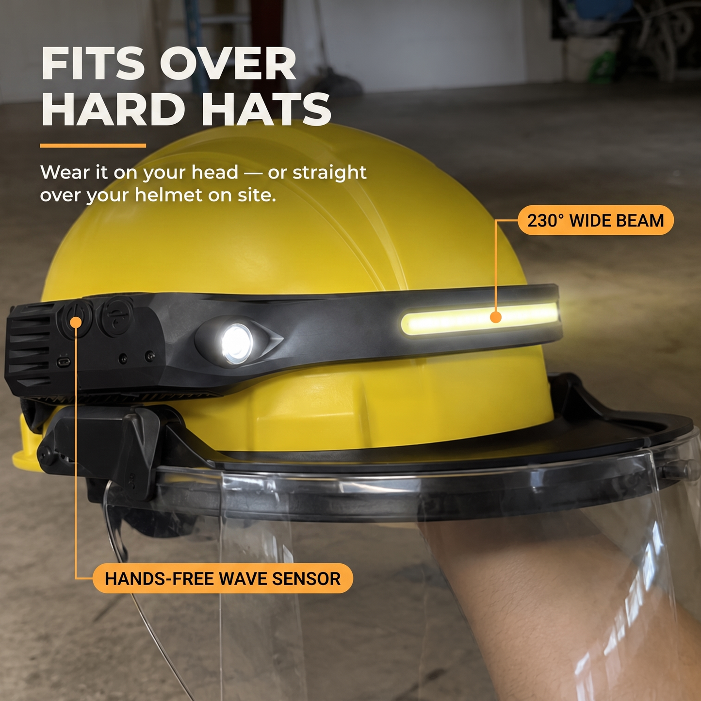BeamWard hands-free headlamp worn over a hard hat on a work site